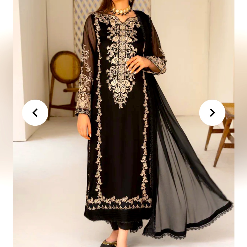 Agha Jann. Neena. Chiffon. 3 Piece Suit Black & Embroidered Gold. Size M. Nwt